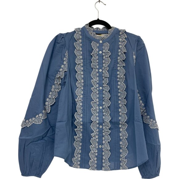 Boden Tops - Boden Womens Top UK 14 US 10 Blue Ruffled Embroidered Floral Blouse T1021 NWT